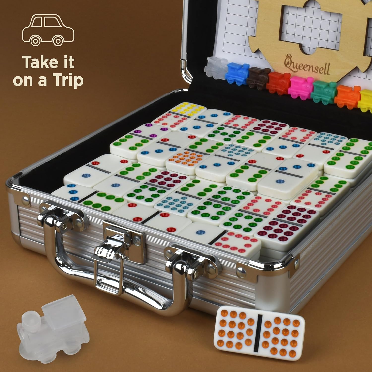 Queensell Mexican Train Dominoes Set with 8 Holders - Wooden Hub and Tiles Holders - Double 12 Tiles