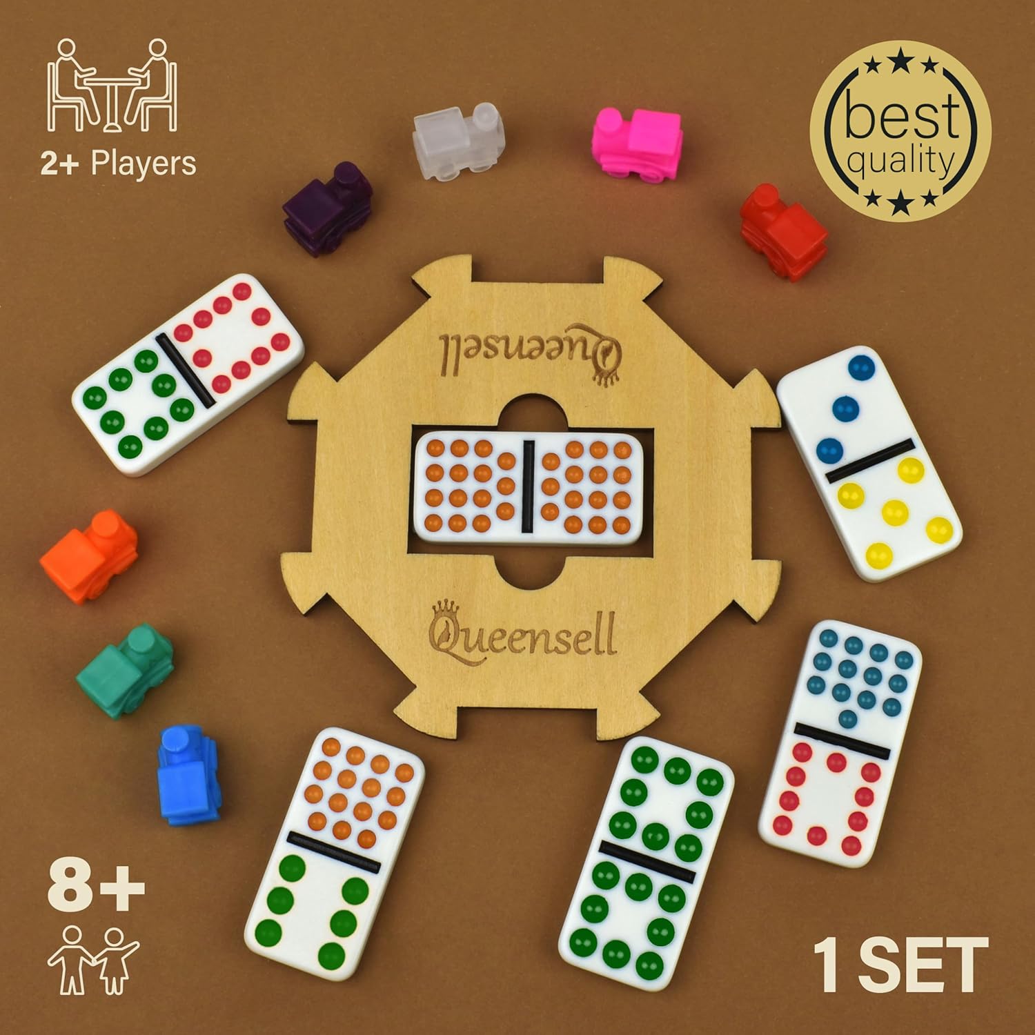 Queensell Mexican Train Dominoes Set with 8 Holders - Wooden Hub and Tiles Holders - Double 12 Tiles