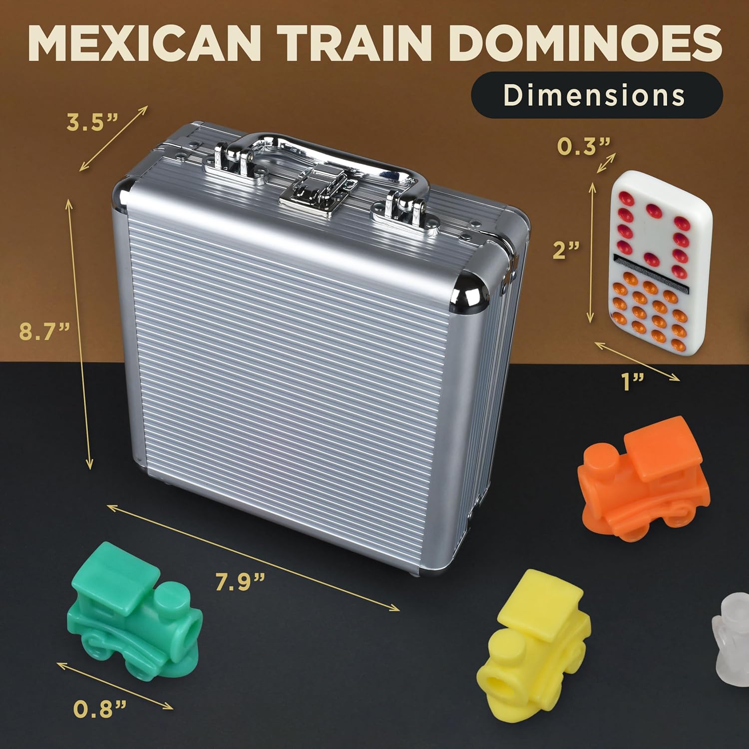 Queensell Mexican Train Dominoes Set with 8 Holders - Wooden Hub and Tiles Holders - Double 12 Tiles