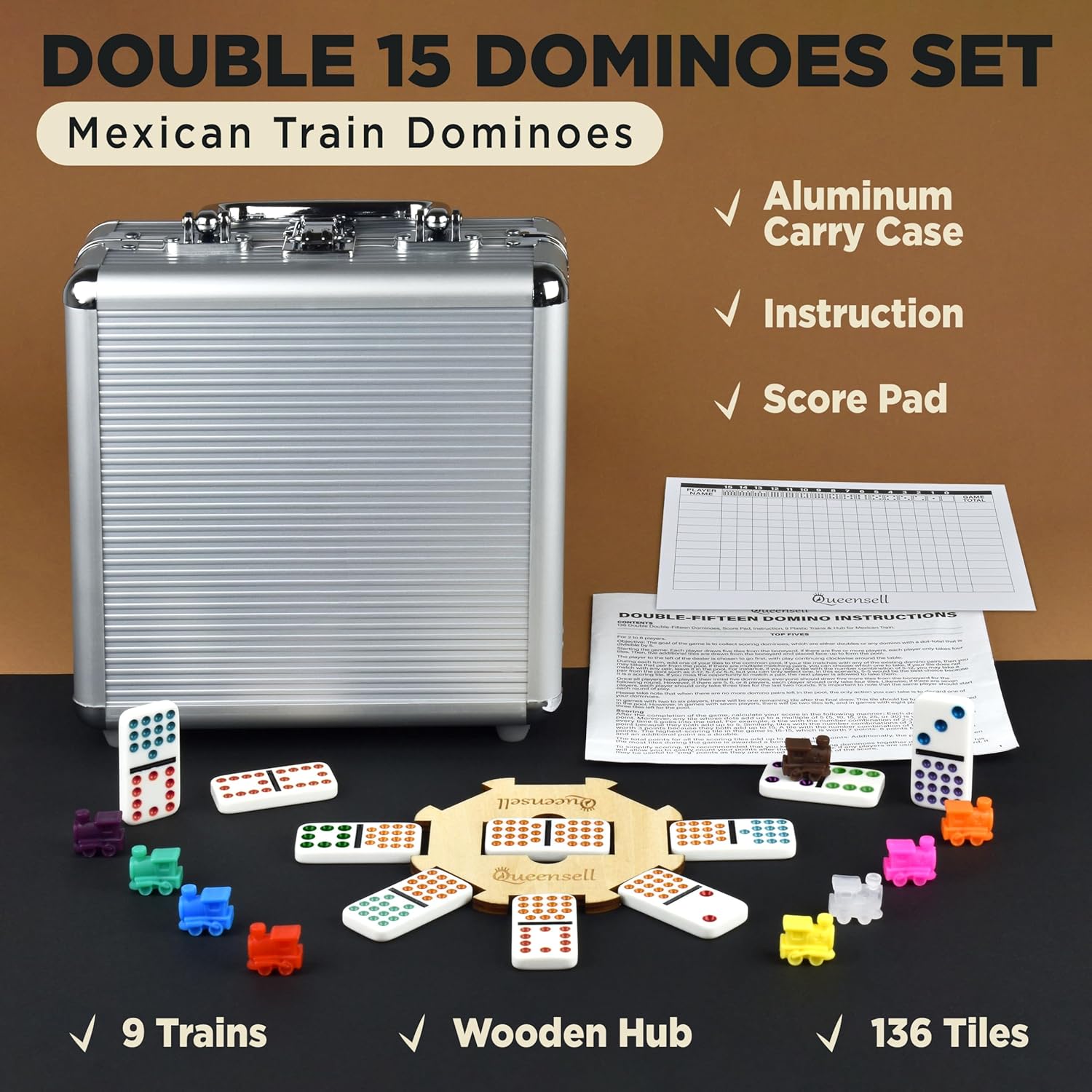 Queensell Mexican Train Dominoes Set with 8 Holders - Wooden Hub and Tiles Holders - Double 12 Tiles