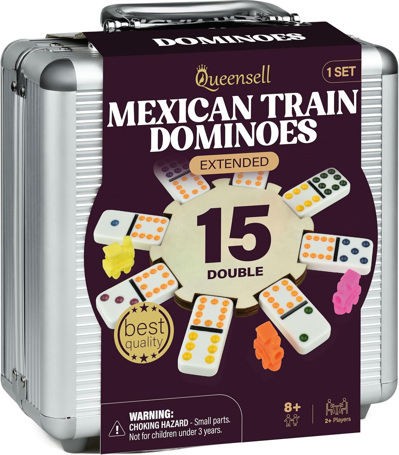 Queensell Mexican Train Dominoes Set with 8 Holders - Wooden Hub and Tiles Holders - Double 12 Tiles
